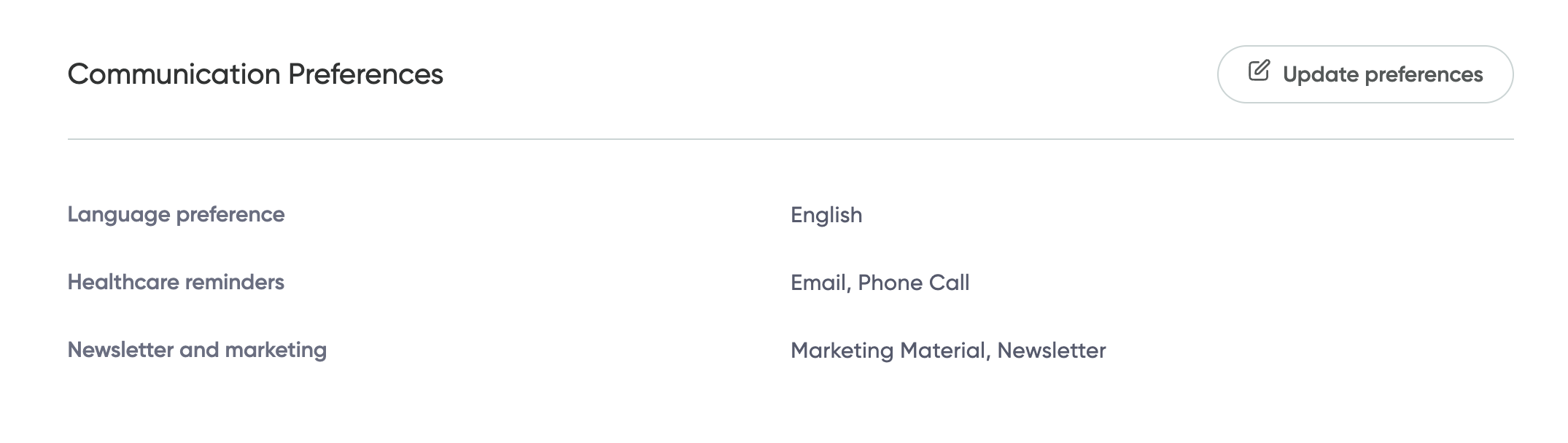 The update communication preference screen
